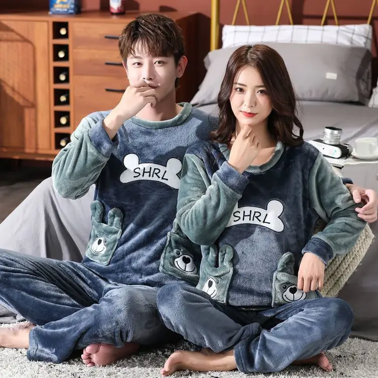 

Autumn Winter Warm Flannel Long-sleeve Couple Pajamas Loose Men Style Pijama Set Sleepwear Pant Young Lovers Pajamas Sets Women
