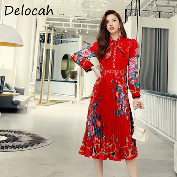 

Delocah Women Fashion Autumn Fashion Designer Party Pleated Dress Bow Lace Hollow Out Floral Print Ladies Midi Dresses vestidos