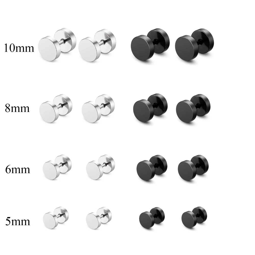 Mysream, 8 пар, круглые серьги-гвоздики, набор для мужчин и женщин, серебряные и черные цвета, размер 5 мм, 6 мм, 8 мм, 10 мм