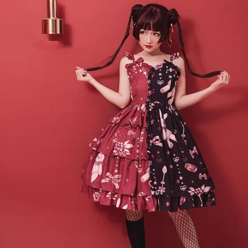 

Gothic japanese sweet lolita dress retro two-tone patchwork cute bowknot printing victorian dress kawaii girl gothic lolita jsk