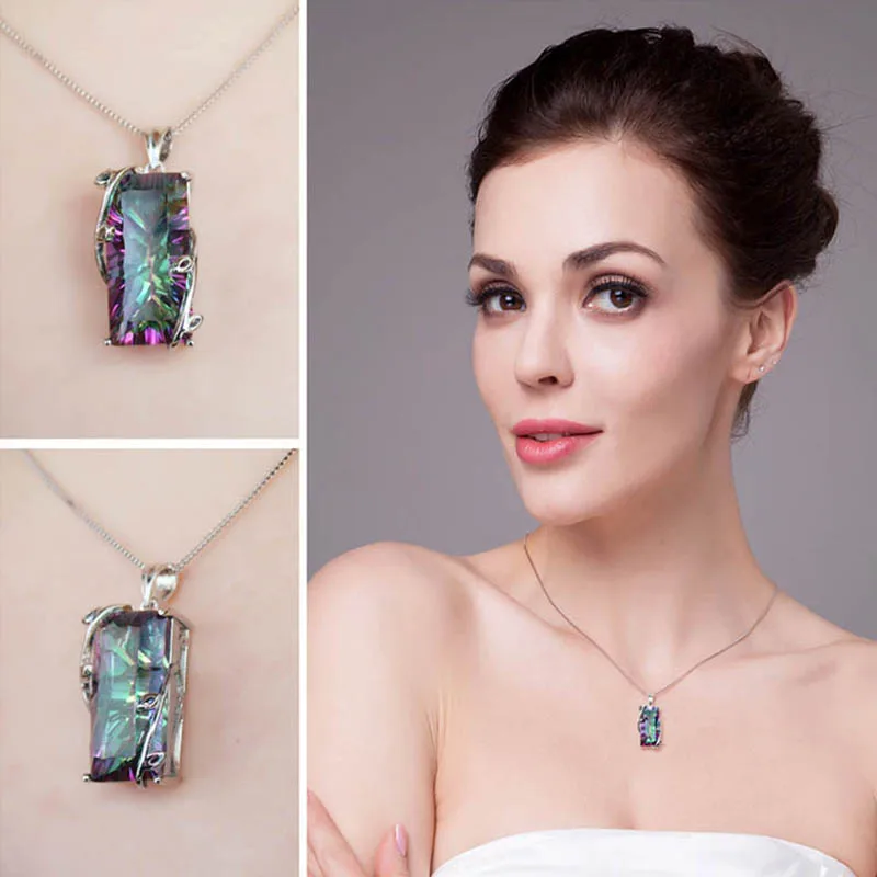 Jellystory Silver 925 Jewelry Necklace with Rectangle Topaz Gemstones Pendants for Women Wedding Engagement Party Gift