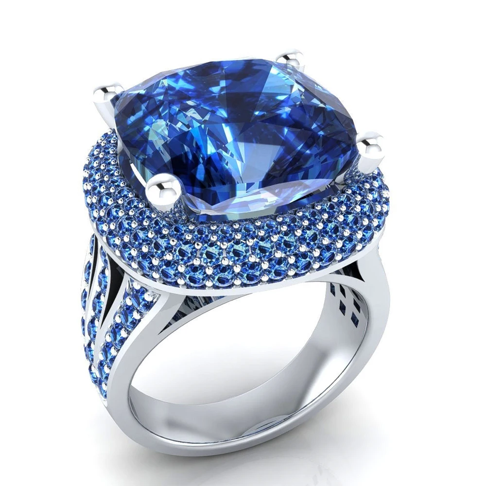 

Luxury Temperament Design Ring For Women Female Big Blue CZ Stone Ring Valentines Day Gifts