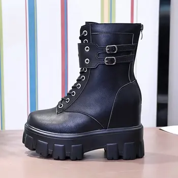 

Women's Boots Black Naked Boots Motorcycle Boots Aldut Belt Buckle Wool Side Zipper Botas Mujer 6cm Platform Round Toe Size 39