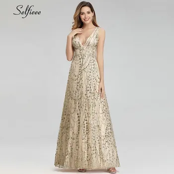 

Elegant Gold Women Dresses A-Line Double V-Neck Sequined Fashion Summer Dresses Sexy Ladies Maxi Dresses Jurken Zomer 2020