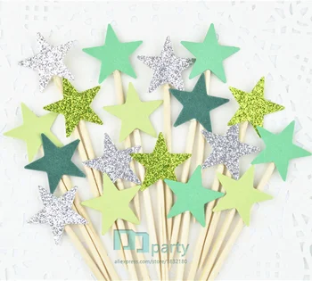 

40pcs/lot forest green Glitter Star Toppers Picks Birthday Party Decorations Baby Shower Cupcake Toppers Food Picks