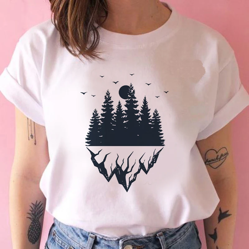 

2021 Harajuku New T shirt Dark forest Print letter universe faith T shirt Women Tshirt O neck Short Sleeve White Tops