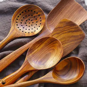 

Natural Wood Teak Cooking Tools Set Tableware Wooden Soup Spoon Shovel Long Rice Colander Kitchen Utensils Kitchen Accessories