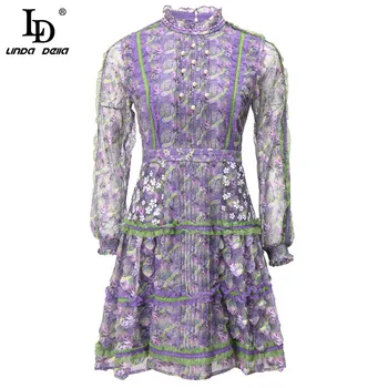 

LD LINDA DELLA Fashion Runway Autumn Mini Dress Women Vintage Lantern Long Sleeve Print Elegant Lace Splicing Embroidered Dress