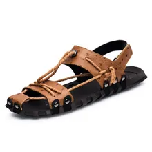 Мужские сандалии из натуральной воловьей кожи; классические сандалии с заклепками в римском стиле; Повседневная Удобная Летняя Пляжная Мужская обувь; размеры 38-47