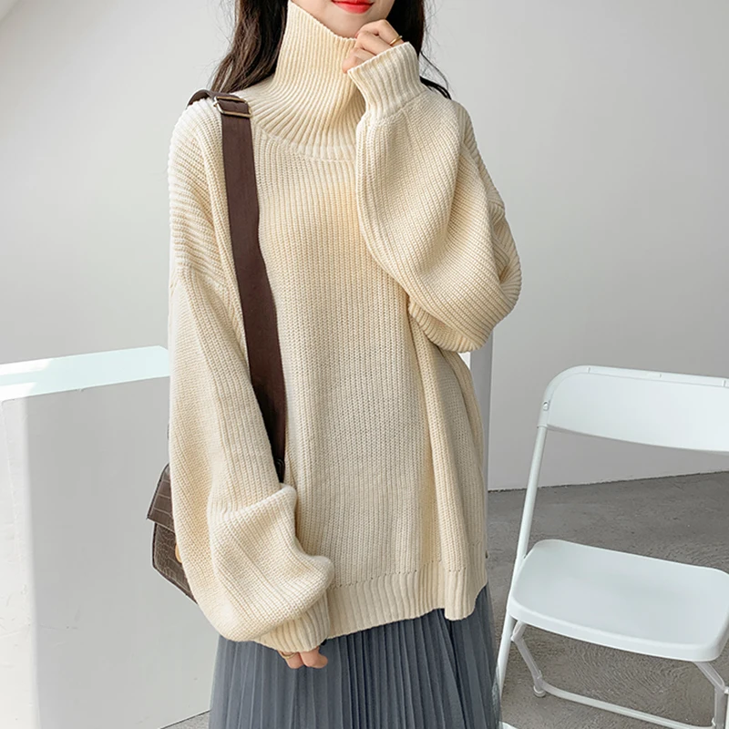 

New Autumn and Winter Knit Sweater Women High-Collar Thickened Pullover Loose Sweater Large Size Knitted Wool Shirt Plus Size