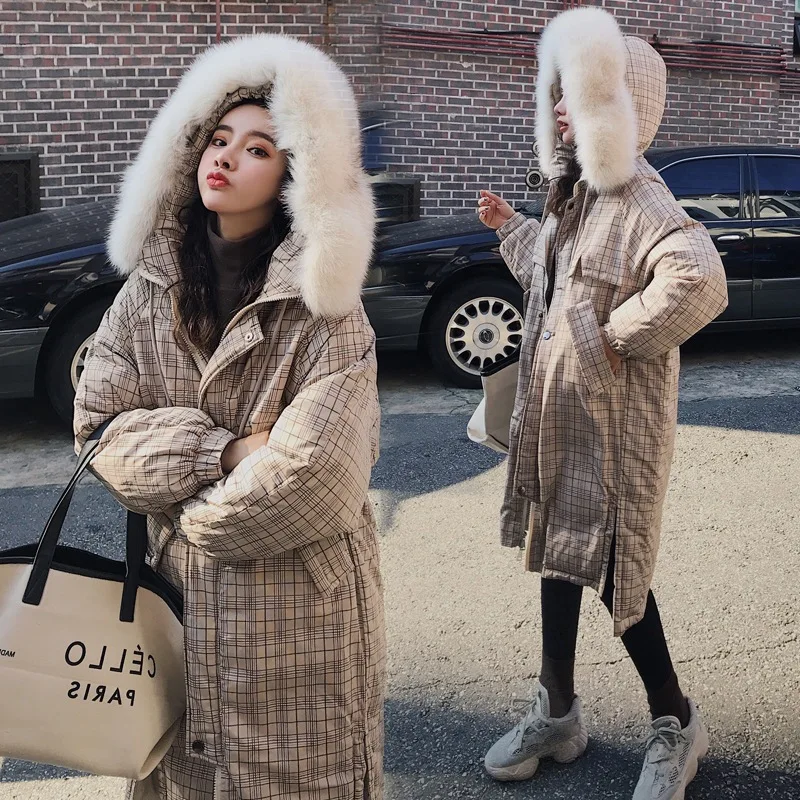 

2019 Chic Winter Shallow Plaid Slit Mid-length down Coat Hooded Large Fur Collar Elegant Cotton Overcoat Women's