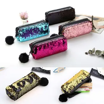 

Cute Large пенал школьный Shiny Reversible Sequins Pencil Box Pen Case Fluffy Ball Organizer Zipper Bag ペンケース Pen Bag Holder