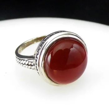 

FNJ Natural Red Agate Rings 925 Silver Original S925 Thai Silver Ring for Women Jewelry MARCASITE Ruby