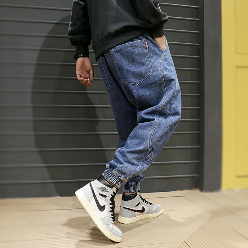 Fashion Streetwear Men Jeans Loose Fit Black Gray Color Spliced Designer Harem Jeans Homme Slack Bottom Hip Hop Jogger Jeans Men