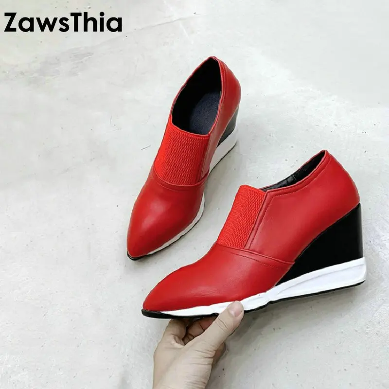 

ZawsThia 2020 spring autumn pointed toe red black wedges woman pumps pointed toe casual women high heels shoes slip-on size 40
