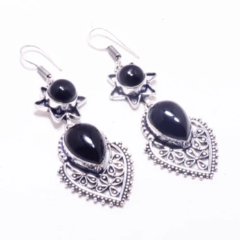 

Genuine Black Onyx Silver Overlay on Copper Earrings , Hand made Women Jewelry Gift, E5101