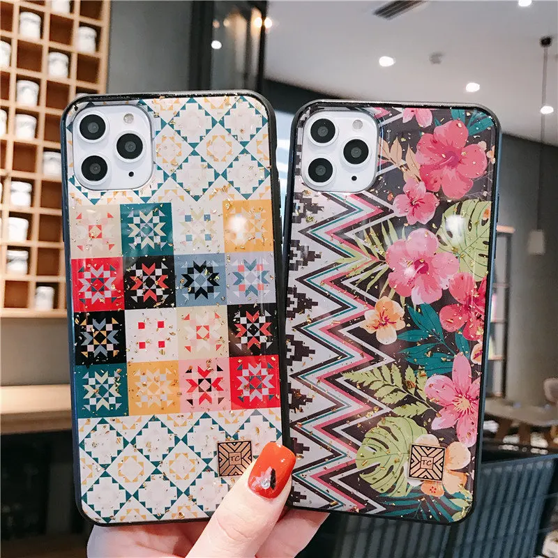 Gold Foil Rhombus Phone Cases for iPhone 11 Pro Max XR X 7 8 6 6s Plus Case Glitter Flower Soft Silicone Cover XS |