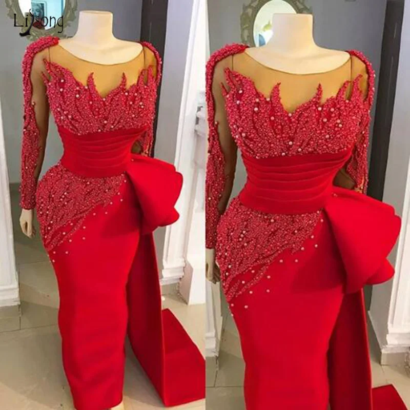 Red Mermaid Evening Gown Elegant Long Sleeves Fashion Sequin Beading Arabic Formal Party Dresses Prom Gown Robe De Soiree