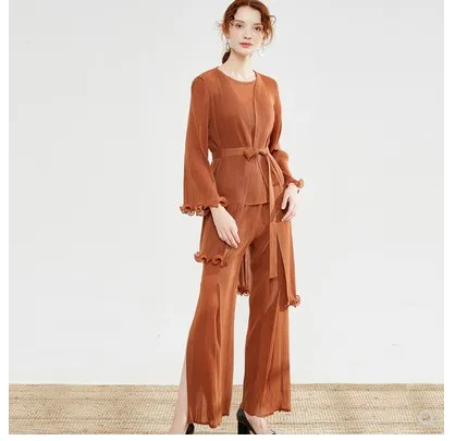 caramel colour SELLINGMiyake, комплект из трех предметов, плиссированное асимметричное длинное пальто+ большая Свободная безрукавка с круглым вырезом+ прямые штаны - Цвет: caramel colour