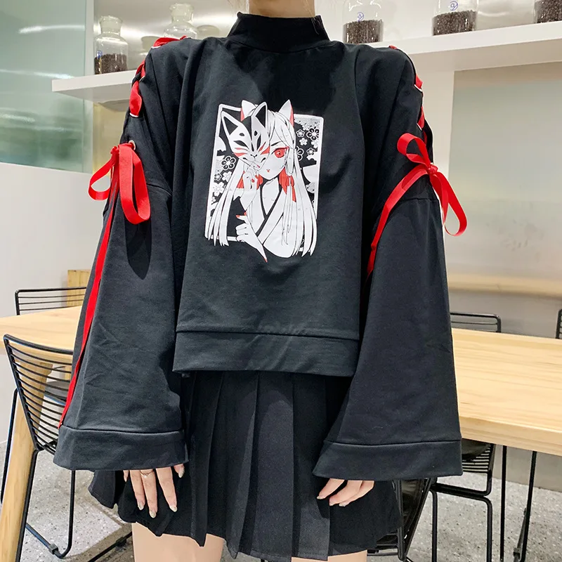 Японский мультфильм лиса девушка печати балахон Harajuku для женщин Готический ленты на шнуровке с расклешенными рукавами Kawaii плюс бархат пуловер Толстовка
