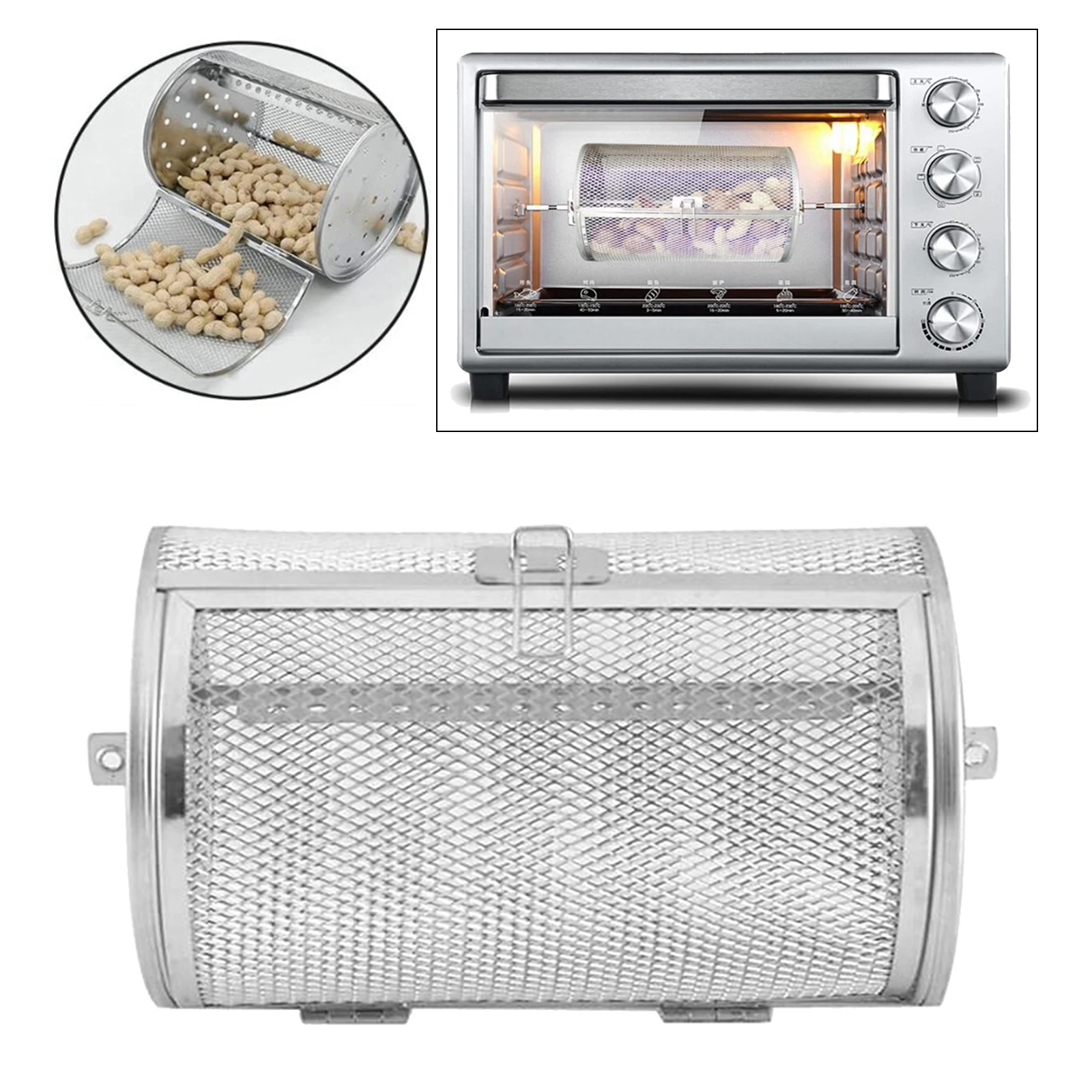 Rotisserie Grill Roaster Drum Oven Basket Oven Roast Baking Rotary Silver