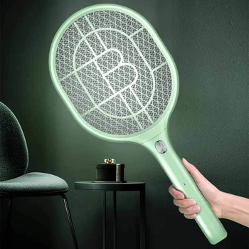 

USB Rechargeable Fly Swatter Useful Mosquito Swatter Aluminum Net Mosquito Remover with LED Light for Home Daily Use (Green)