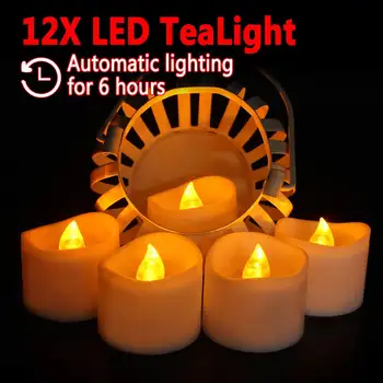 

12PCS Timer LED Flaming Flickering Candle Tea Amber Light Yellow Warm Light Battery Candle Holiday Party Decoration