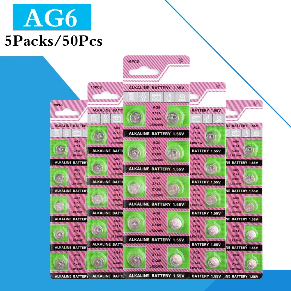 

50PCS/ 5 Pack AG6 LR920 371 L921 Button Batteries SR920 171 Cell Coin Alkaline Battery 1.55V 370A LR69 For Watch Toys Remote