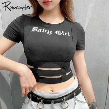 

Rapcopter Patchwork Ribbon Streetwear Tshirt Gothic 2020 Summer Short Sleeve Fashion Cropped Top Letter Print Harajuku Tee Tops