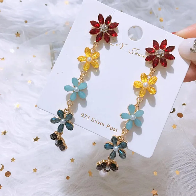 

2019 Korean fashion jewelry exaggerated long color flower earrings luxury crystal party party earrings for women gift