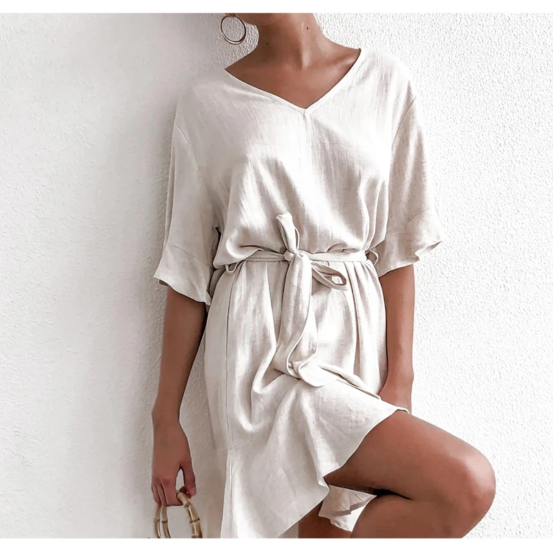DICLOUD Casual Solid Cotton Linen Dresses Women Summer Short Sleeve V Neck Mini Party Dress Ladies A-line Summer Outfit
