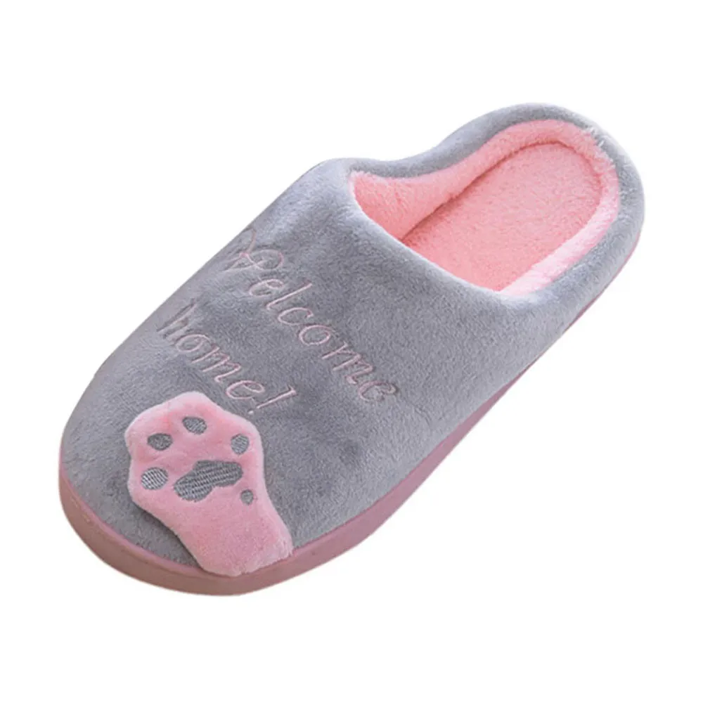 SAGACE Women Winter Slippers Cartoon Cat Shoes Non-slip Soft Winter Warm House Indoor Bedroom Lovers Couples Floor Shoes Woman - Color: Gray