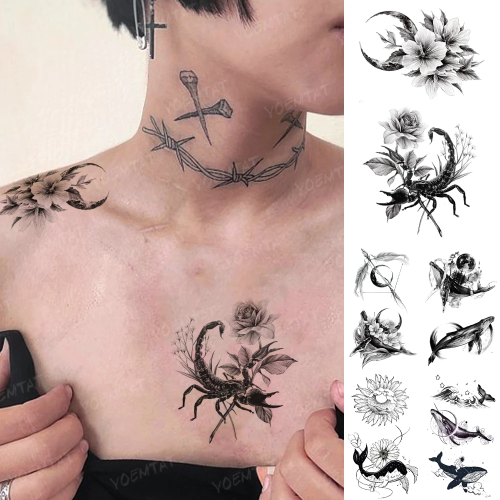 Waterproof Temporary Tattoo Sticker Scorpion Moon Flower Leaf Black Tatto  Shoulder Chest Arm Fake Tatoo Man Woman Flash Tattoos - Temporary Tattoos -  AliExpress
