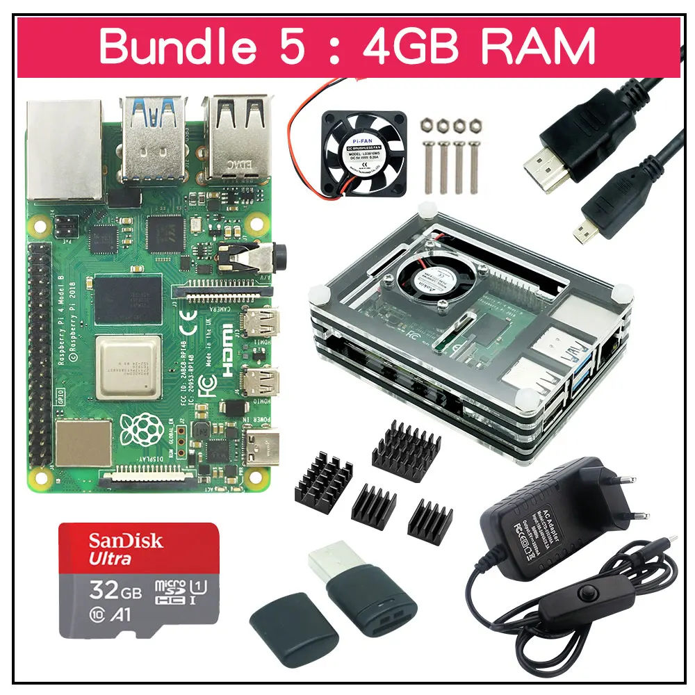 Raspberry Pi 4 Model B 2.4G&5G WiFi Bluetooth 5.0 2GB/4GB/8GB RAM +  Rapberry Pi 4B Case Power Supply Aluminum Heat Sink