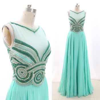 

MACloth Turquoise A-Line O Neck Floor-Length Long Crystal Tulle Prom Dresses Dress M 269083 Clearance