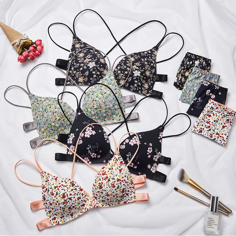 

Fashion Floral Print Bra Front Buckle Underwear Seamless Cross Back Intimates Lingerie Women Push Up Bras Front Buckle New