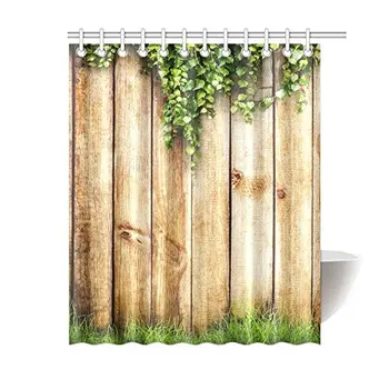 

Elegant Spring Green Grass & Leaf Plant Over Wood Fence Waterproof Polyester Fabric Shower Curtain Bathroom Sets with Hooks Home