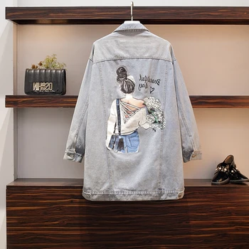 

Large size Women's Denim Jacket Loose Mid-length Card Printing Jacket Age-reducing Denim Jacket Autumn Korean Comfortable L148
