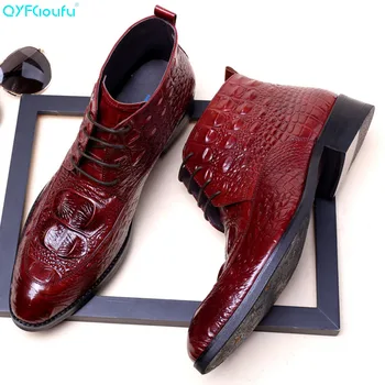 

QYFCIOUFU 2019 High Top Mens Alligator Skin Boots Formal Leather Cow Genuine Lace Up Dress Booties British Chelsea Ankle Booties