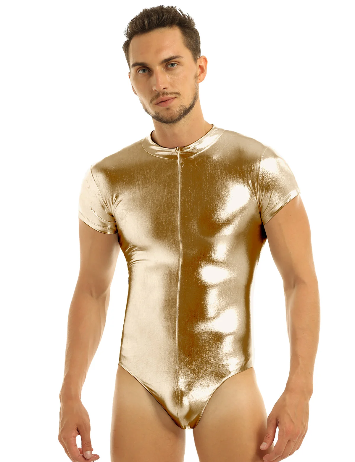 Iiniim/сексуальный для гея, облегающий костюм из леотарда для Нижнее белье Мужские блестящий, глянцевый с высоким вырезом на молнии, эротическое сексуальное белье, одежда для ночного клуба костюмы - Цвет: Gold
