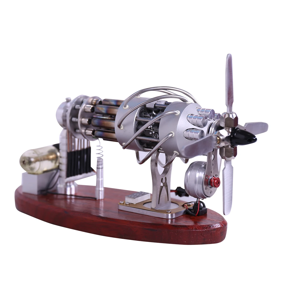 Custom 16-Cylinder Swash Plate Stirling Engine Generator Model with Voltage Digital Display Meter and LED