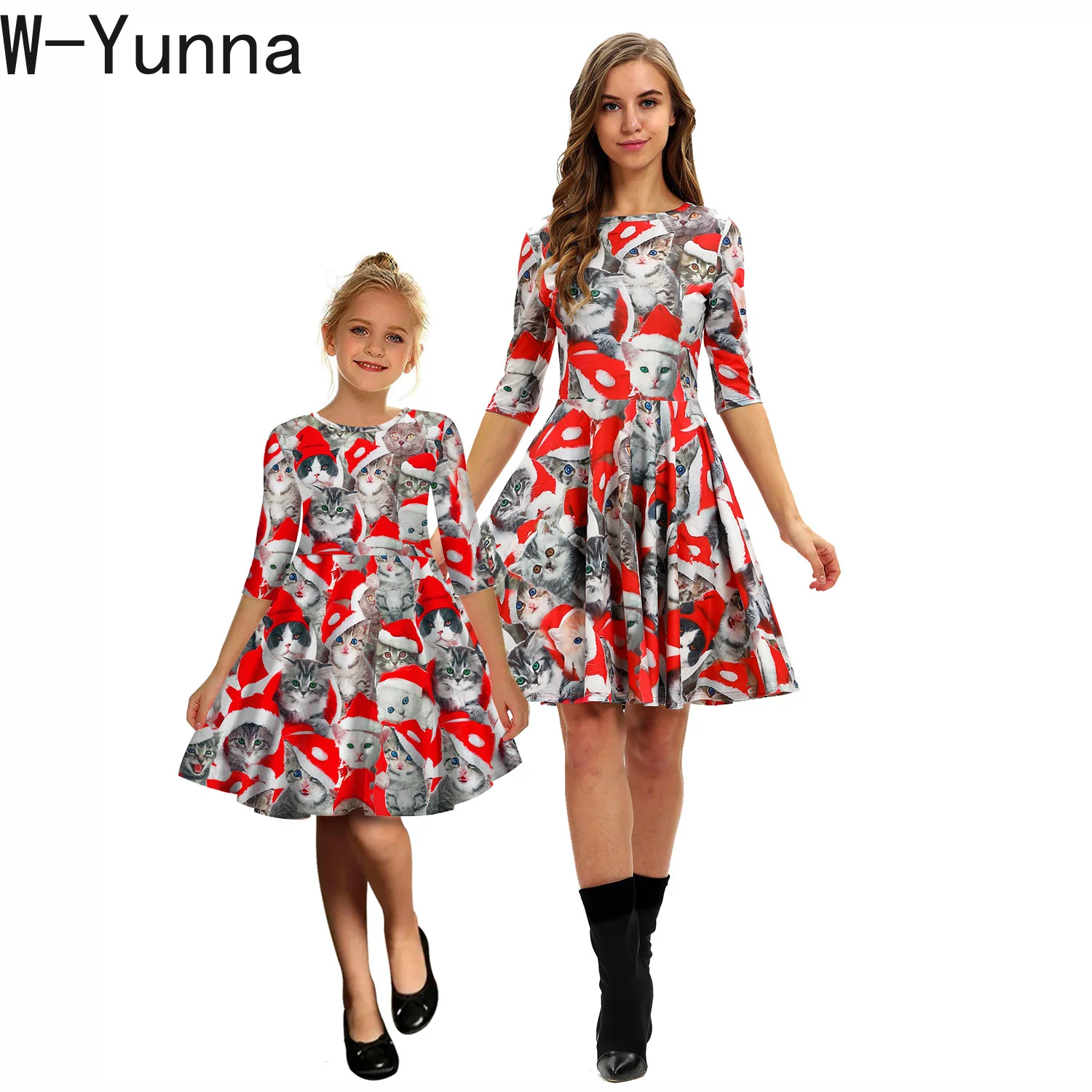 W-Yunna/Рождественская одежда для всей семьи с 3d принтом; одинаковые вечерние платья с рукавами средней длины для мамы и дочки