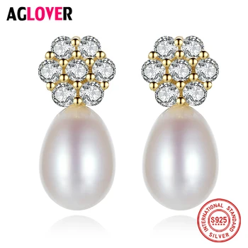 

AGLOVER New Earrings 925 Sterling Silver Gold Gilt Zircon Natural Freshwater Pearl Earrings Pearl Jewelry Women Lady Gift Party