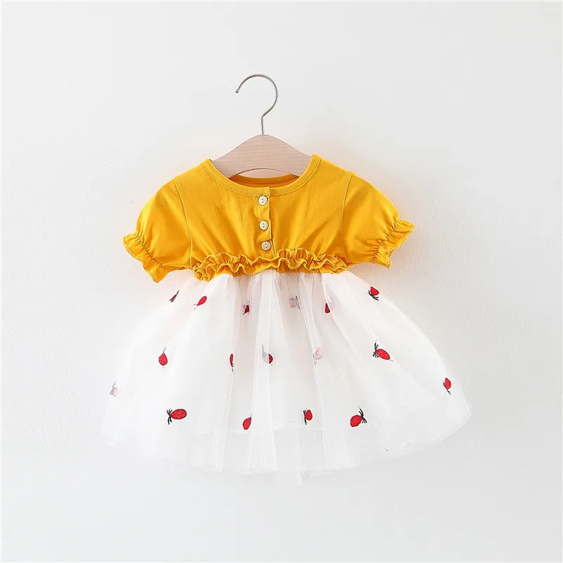 Mustard-Short Sleeve Модное платье для малышей; платье с длинными рукавами для младенцев; одежда для маленьких девочек с вышивкой ананаса; весна г - Цвет: Mustard-Short Sleeve