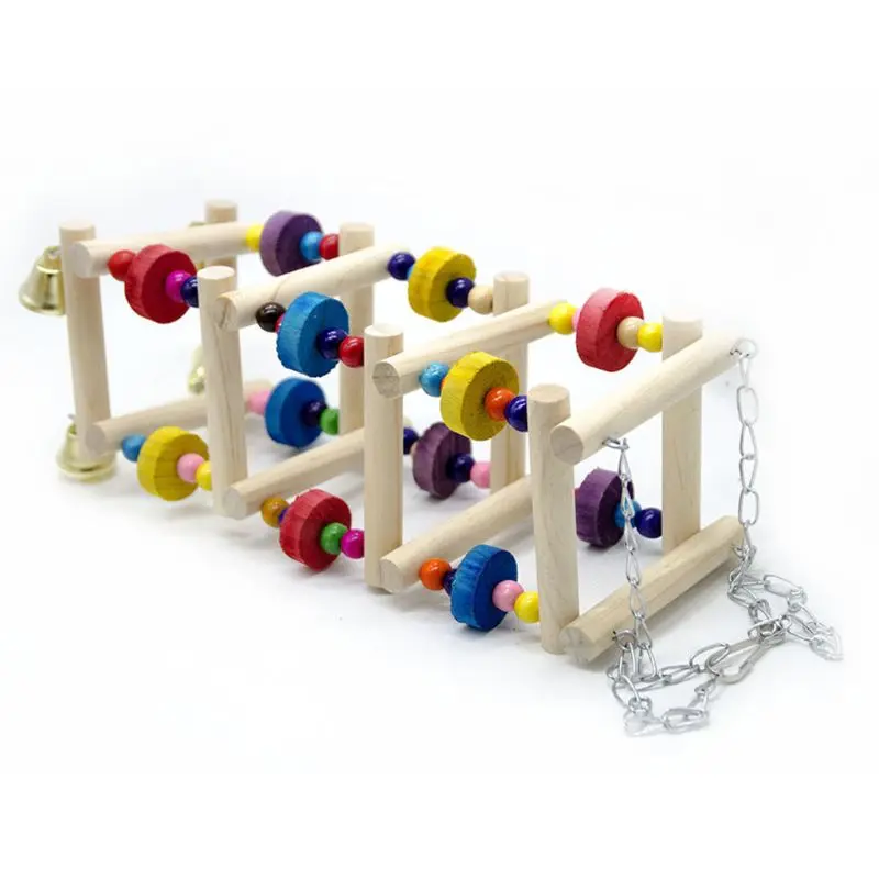 Bunte Holz-Vogelschaukel mit Glocke, Kletterleiter, Kau- und Kletterständer, Beißblock – Haustier-Spielplatz – Detail 8