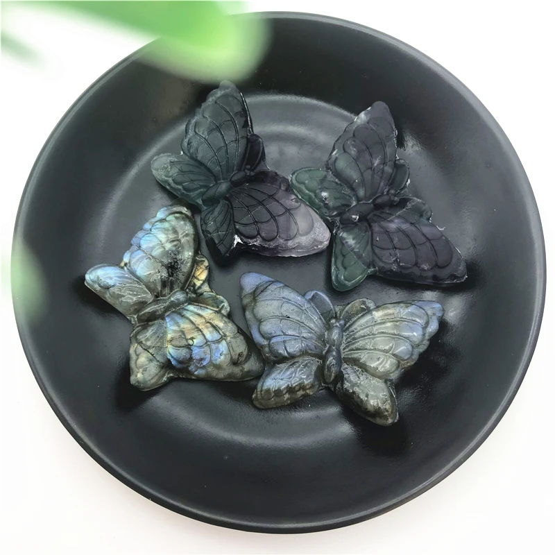 2 Kinds Natural Crystal Butterfly Labradorite Fluorite Hand Carved Crystal Healing Gifts Natural Stones and Minerals