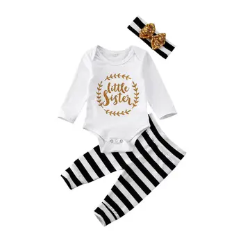 

0-12M Newborn Baby Girl Boys Clothes Sets Striped Letter Print Long Sleeve Romper Pants Headband Clothes Top 3pcs Sets