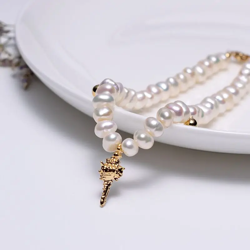 

Sea Snail Decoration Pearl Bracelet 18K Gold-filled Beads With 4-5mm Freshwater Pearl Bracelet Women DIY Handmade Jewelry