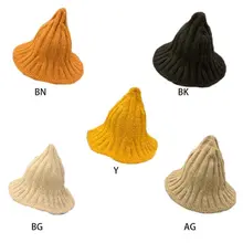 Женская милая остроконечная шляпа ведьма в рубчик вязаная зимняя однотонная Рыбацкая шапка 95AB