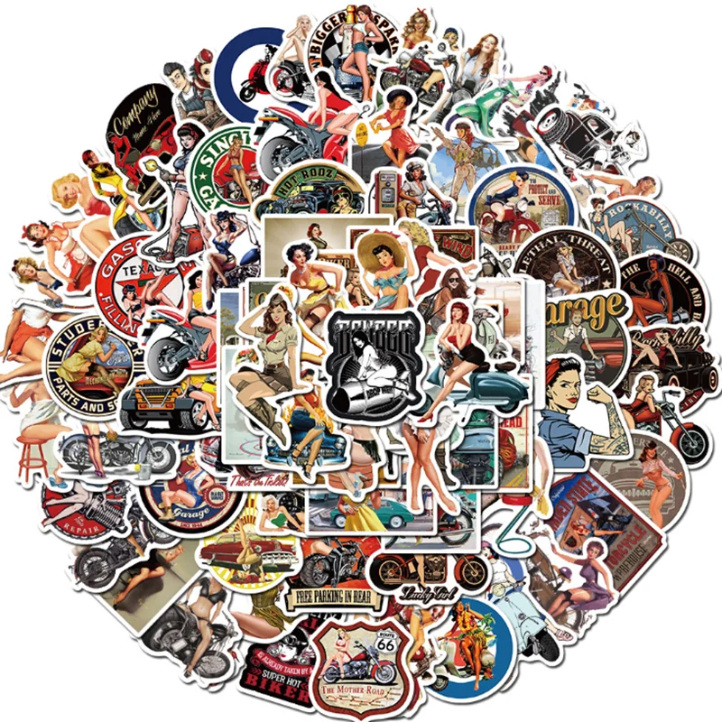 

10/30/50 PCS Retro Sexy Motorcycle Girl Graffiti Phone Case Laptop Sliding Waterproof Sticker Decorative Toy Wholesale